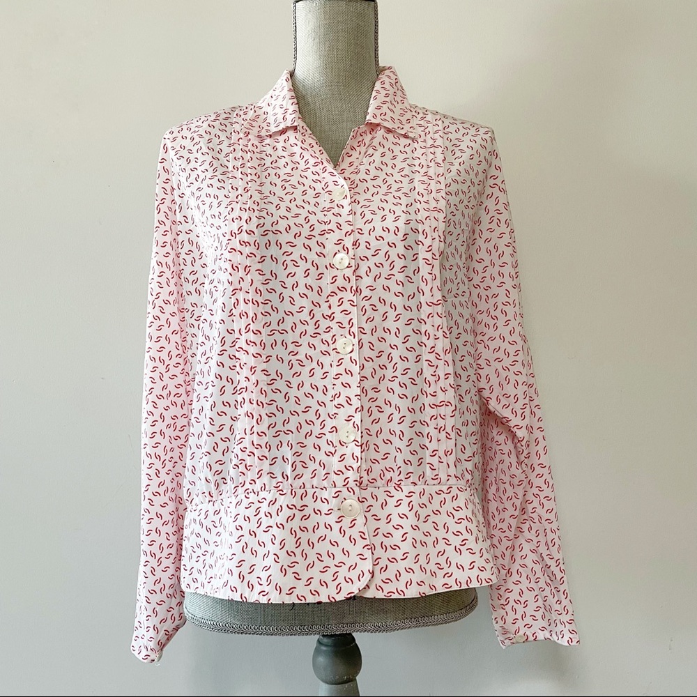 Vintage blouse, red and white abstract pattern slight peplum